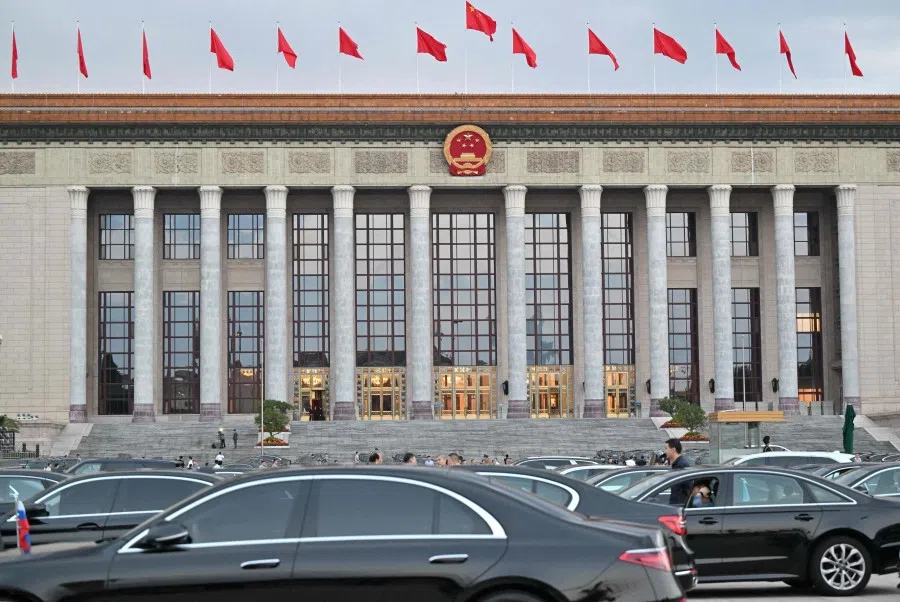 Guests’ cars are parked at Tiananmen Square near the Great Hall of the People on the eve of China’s National Day, in Beijing on 30 September 2025. (Adek Berry/AFP)