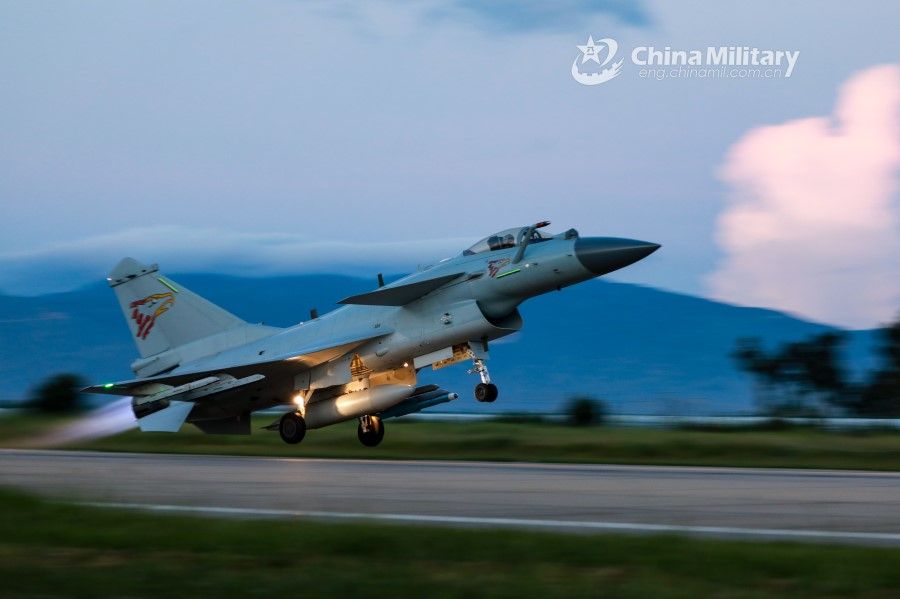 A J-10 fighter jet attached to an aviation brigade of the air force under the PLA Southern Theater Command takes off for a flight mission in early August, 2020. (eng.chinamil.com.cn/Wang Guoyun)