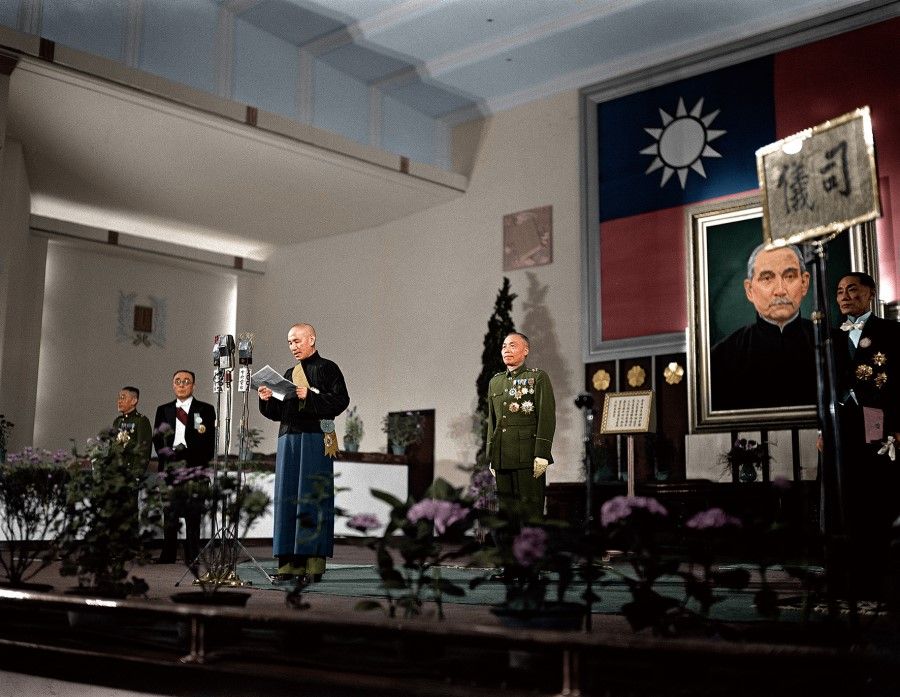 President Chiang Kai-shek speaking at his inauguration, 20 May 1948. While initial constitutional democracy was established, the civil war was becoming more intense.