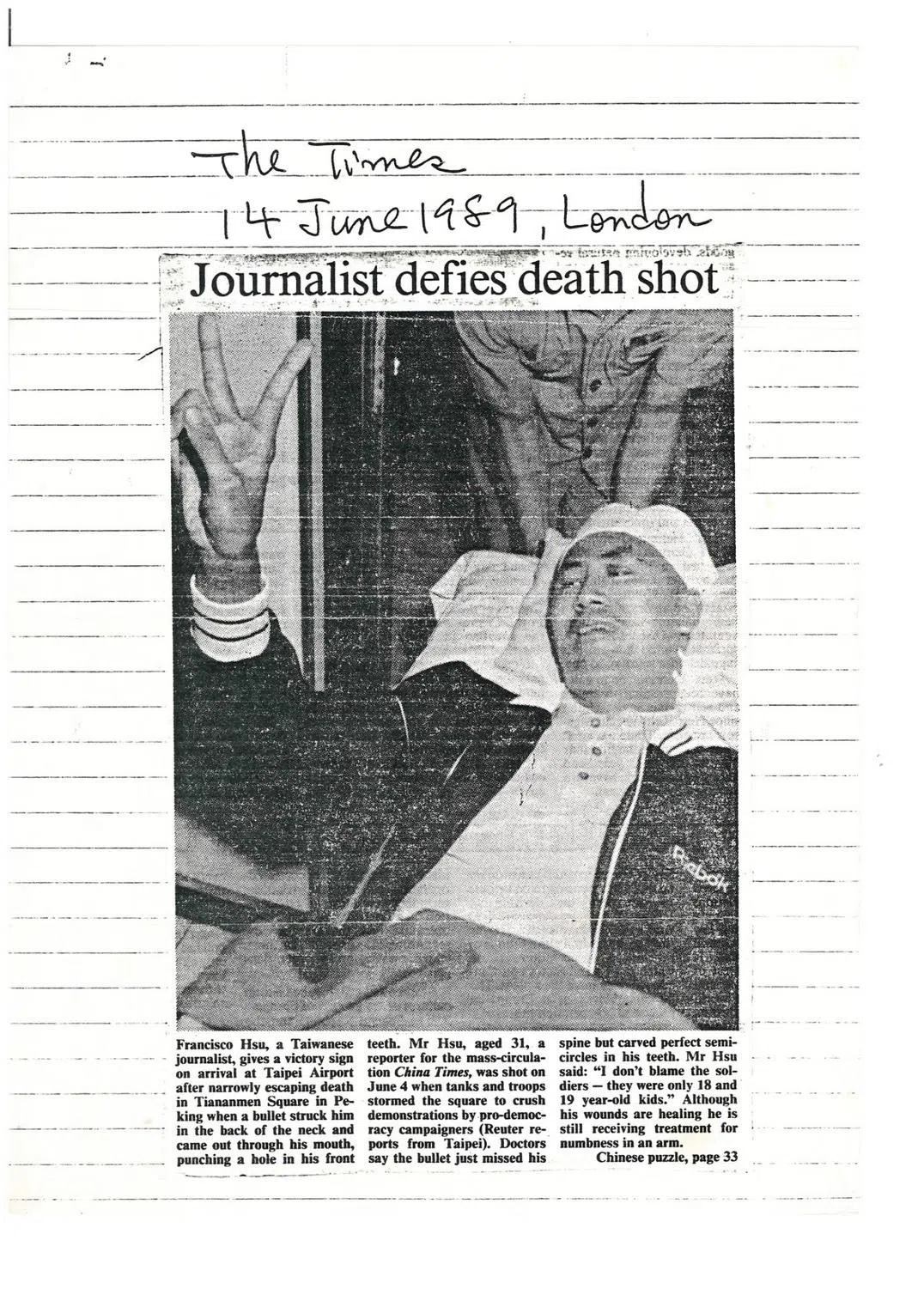 A report in The Times of London covering my injury.
