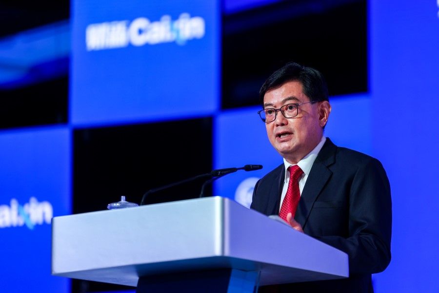 Deputy Prime Minister and Coordinating Minister for Economic Policies Mr Heng Swee Keat giving his Opening Keynote speech at the 2023 Caixin Asia New Vision Forum on 12 June 2023. (SPH Media)
