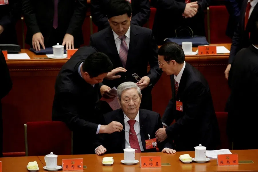 Former Chinese Premier Zhu Rongji leaves after the opening of the 19th National Congress of the Communist Party of China at the Great Hall of the People in Beijing, China, on 18 October 2017.