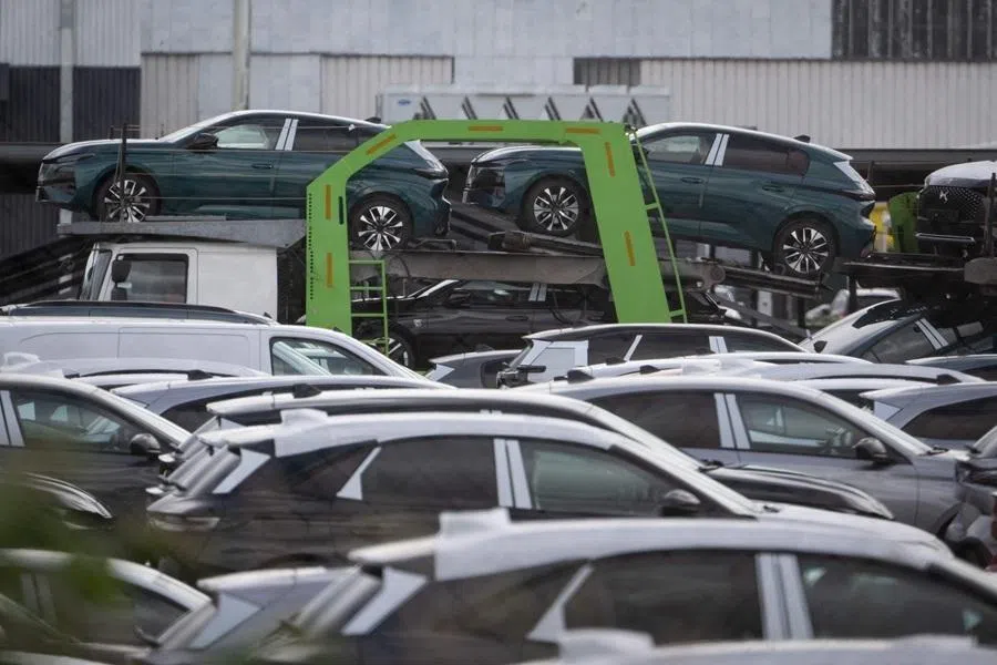 This photograph shows the car storage lot of the Stellantis automotive manufacturer factory in Sausheim, near Mulhouse, France, on 2 June 2026.