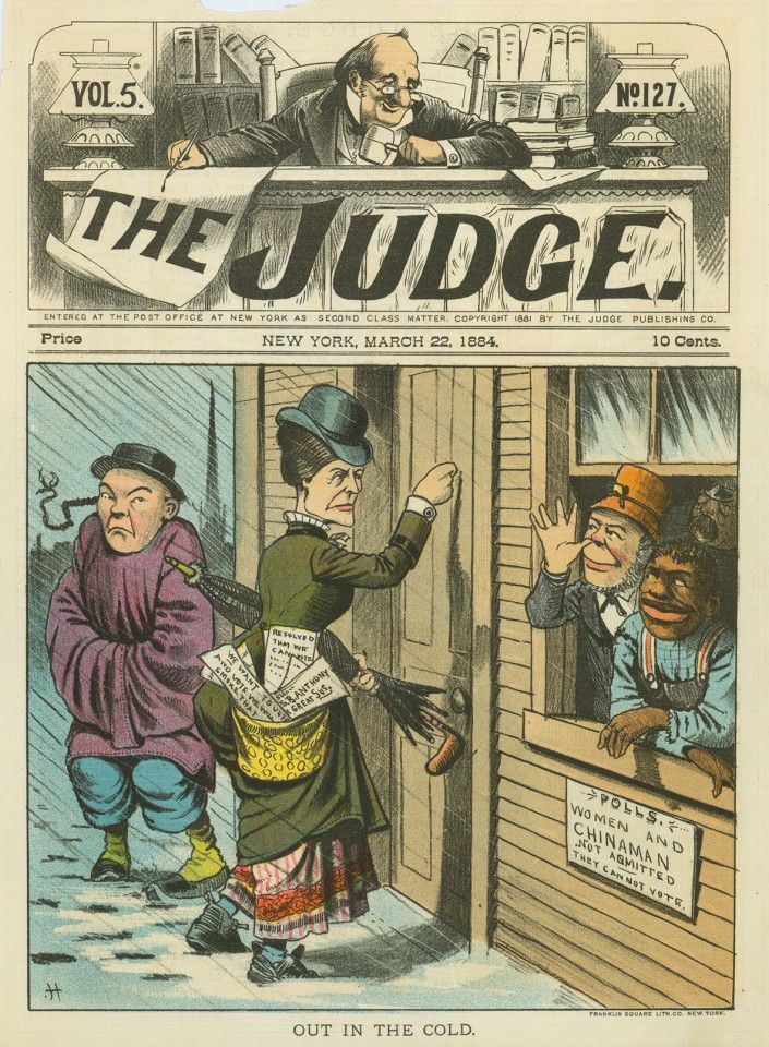 "Out In The Cold", The Judge magazine, 22 March 1884. On the right of the picture, an Irishman and black man are warm indoors, making faces at the Chinese man and white woman who are not allowed inside because they have no vote. The Chinese man shivers in the cold wind, while the white woman continues to beat on the door for a place in US politics. The 15th Amendment following the Civil War gave the blacks the vote, while women in the US got the vote with the 19th Amendment in 1920. Rights of citizenship for the Chinese were always vaguely defined and disputed. In fact, the 15th Amendment declared that the "right of citizens of the United States to vote shall not be denied or abridged by the United States or by any state on account of race, color, or previous condition of servitude". There was an opportunity to bring the Chinese into political life in the US, but anti-Chinese forces used other laws to stop the Chinese from exercising their rights as citizens. In the end, the Chinese Exclusion Act made the Chinese the only race not allowed to become Americans, leaving an indelible stain on American history.