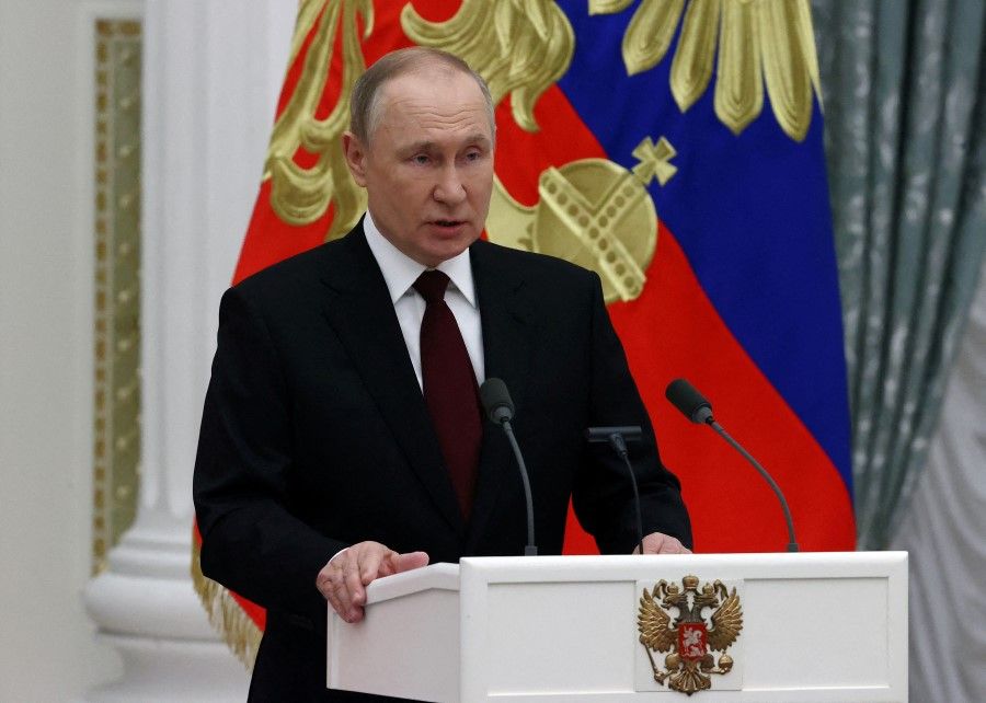 Russian President Vladimir Putin speaks at the Kremlin in Moscow, Russia, 2 February 2022. (Sergey Karpuhin/Sputnik via Reuters)