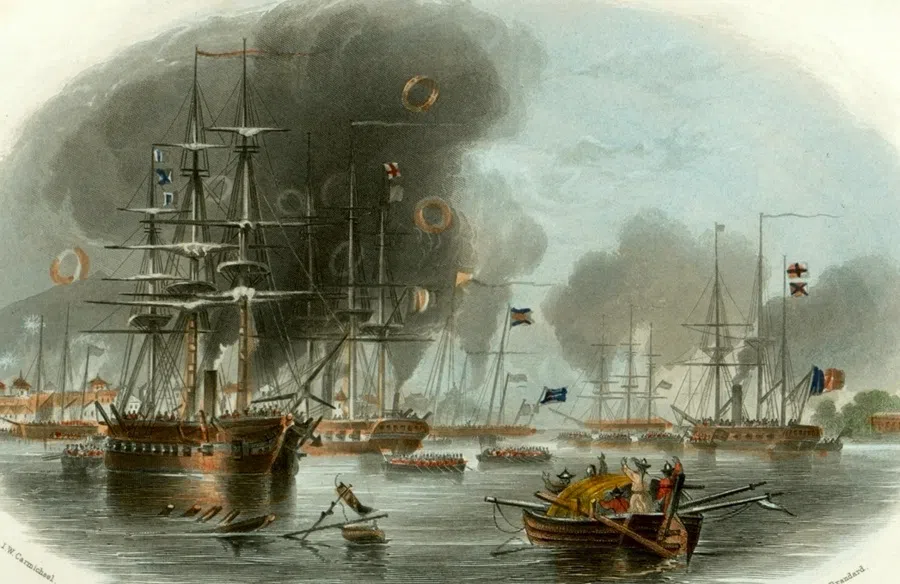 A coloured copperplate engraving by a 19th-century British artist, depicting British warships firing on the city of Guangzhou. After Imperial Commissioner Lin Zexu strictly enforced the opium ban in Guangdong and destroyed British merchants’ opium, the British government decided to dispatch warships eastwards to bombard Guangzhou.