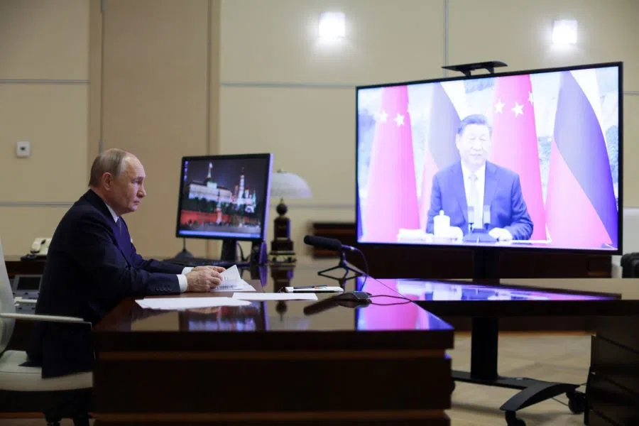 Russian President Vladimir Putin holds a video conference meeting with Chinese President Xi Jinping at the Novo-Ogaryovo state residence outside Moscow, Russia, on 21 January 2025. (Sputnik/Gavriil Grigorov/Pool via Reuters)