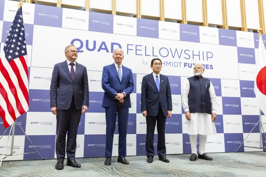 (From left to right) Australian Prime Minister Anthony Albanese, US President Joe Biden, Japanese Prime Minister Fumio Kishida and Indian Prime Minister Narendra Modi attend the Japan-US-Australia-India Fellowship founding celebration event in Tokyo, Japan, on 24 May 2022. (Yuichi Yamazaki/Getty Images/Bloomberg)