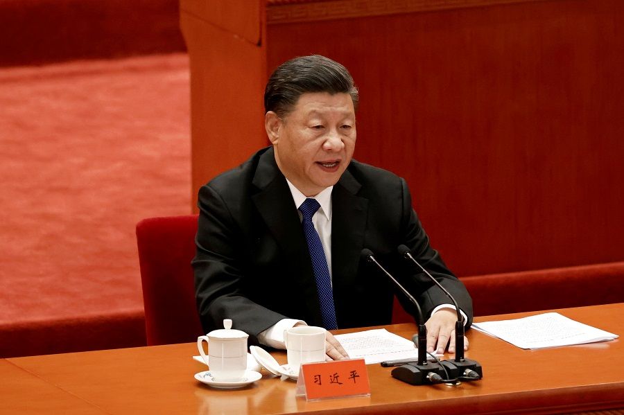 Chinese President Xi Jinping speaks at a meeting commemorating the 110th anniversary of Xinhai Revolution at the Great Hall of the People in Beijing, China, 9 October 2021. (Carlos Garcia Rawlins/File Photo/Reuters)