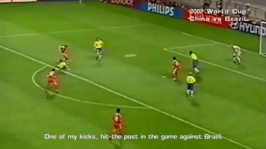 A screen shot from a video featuring the Chinese team (in red) in action against Brazil in the 2002 World Cup Finals group stage.