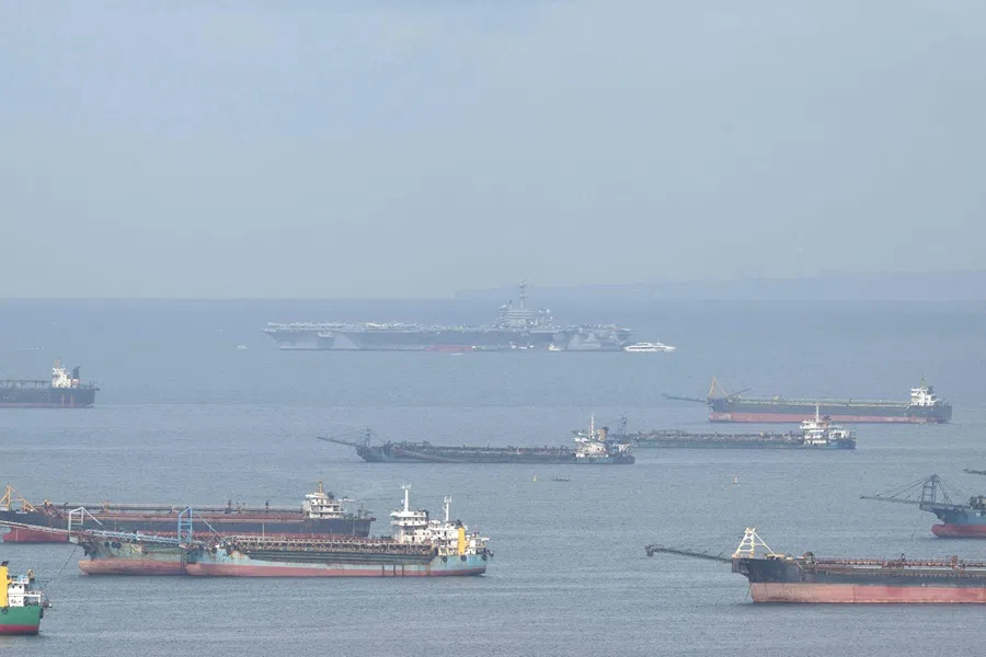 This photo shows a general view of US aircraft carrier USS George Washington (CVN-73) moored at Manila Bay in Manila on 4 July 2025. (Ted Aljibe/AFP)