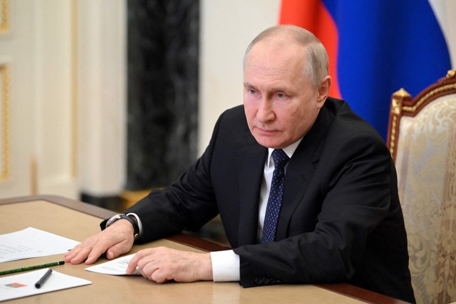 Russian President Vladimir Putin attends a meeting on the Crimean Bridge attack via a video link at the Kremlin in Moscow on 17 July 2023. ( Alexander Kazakov/Sputnik/AFP)