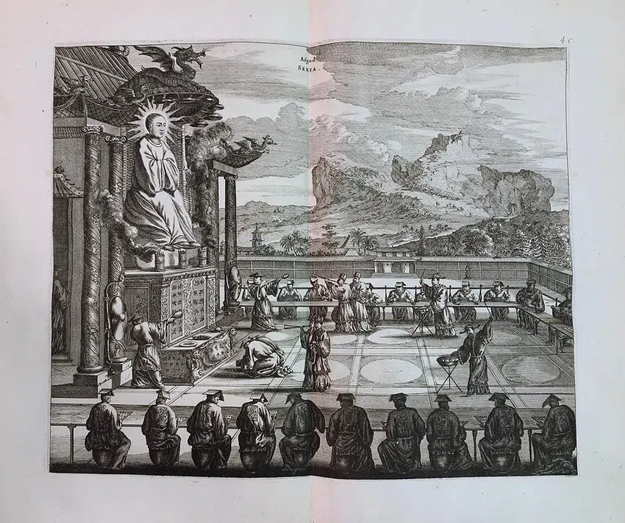 A statue of the sea goddess Mazu in a 17th-century Dutch book.