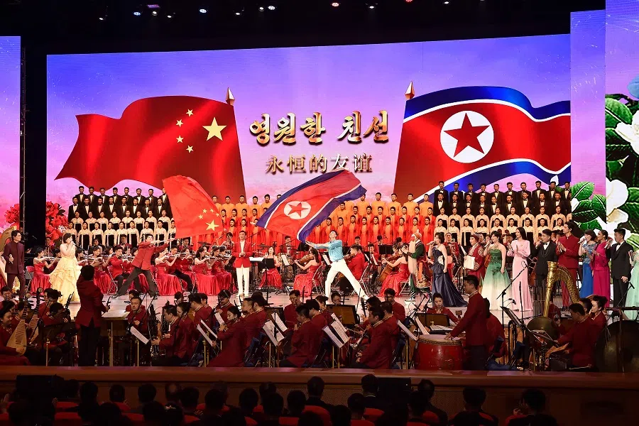Chinese and North Korean artists perform during the opening ceremony of “North Korea-China Friendship Year” at the Pyongyang Grand Theatre in Pyongyang on 12 April 2024.