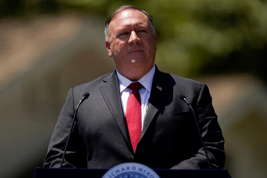 US Secretary of State Mike Pompeo speaks at the Richard Nixon Presidential Library, 23 July 2020, in Yorba Linda, California. (Ashley Landis/Pool via REUTERS)