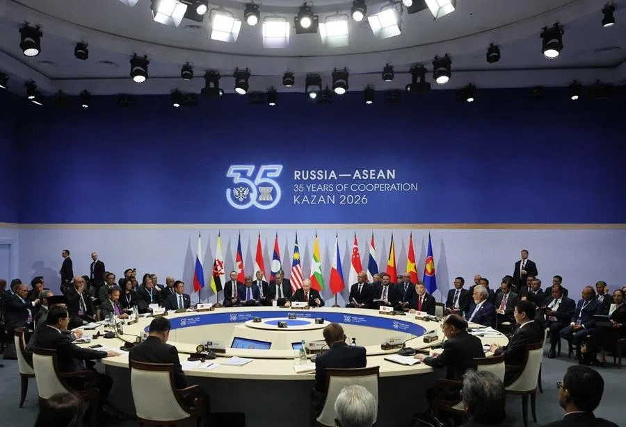 Russian President Vladimir Putin and the heads of delegations attend a plenary session of the Russia-ASEAN summit, in Kazan, 18 June 2026.