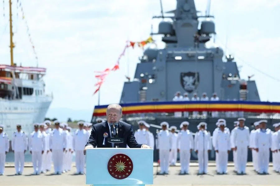 This handout photograph taken and released by the Turkish presidential press service on 20 June 2026, shows Turkey's President Recep Tayyip Erdoğan speaking during the Ceremony for Delivery of Cam.