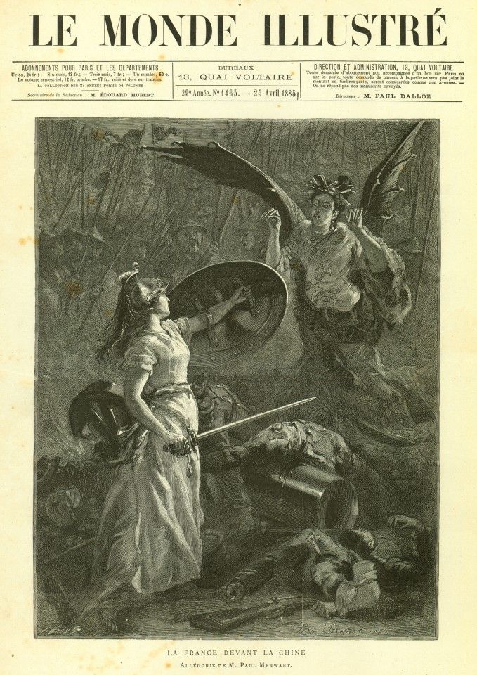 A black and white wood engraving from French Le Monde Illustré, 25 April 1885, titled "La France devant la Chine" (France before China). In the illustration, Marianne, an epitome of liberty, the founding spirit of France, leads the French army against the monstrous demons of China. Evoking one of the most famous paintings depicting the French Revolution, with Marianna at the helm, leading the whole nation to victory and liberty, such an illustration hoped to stir up the patriotism of the French public and subsequently gain full support of the French-Sino War.
