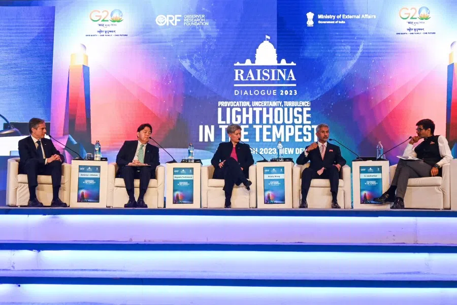 (Left to right) US Secretary of State Antony Blinken, Japan's Foreign Minister Yoshimasa Hayashi, Australian Foreign Minister Penny Wong and Indian Foreign Minister Subrahmanyam Jaishankar attend the Indo-Pacific Quad Foreign Ministers' panel discussion in New Delhi on 3 March 2023. (Money Sharma/AFP)