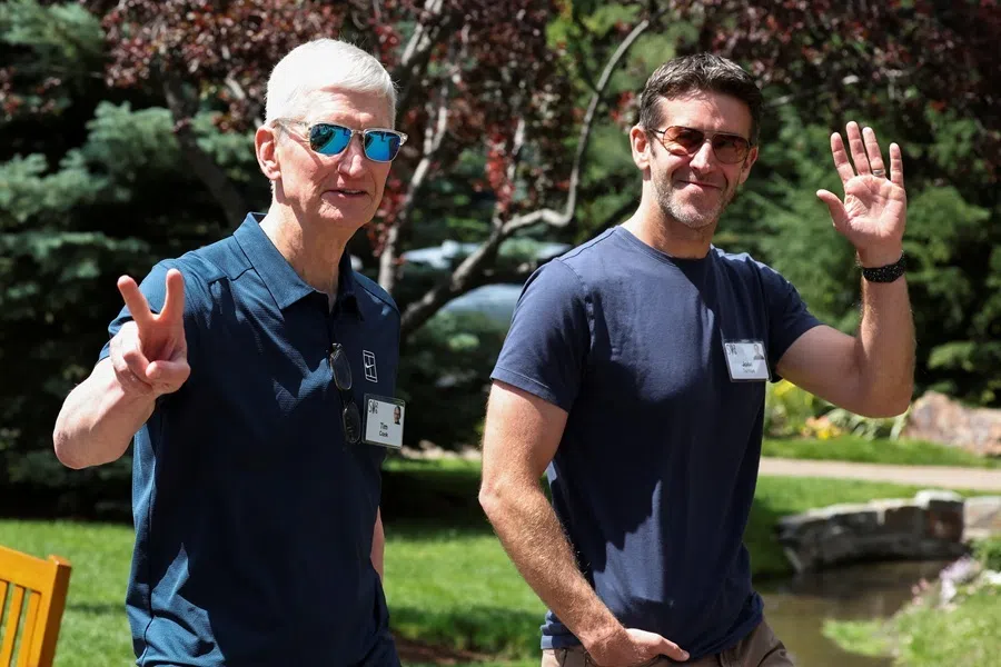 Apple's CEO Tim Cook and John Ternus, Apple's next CEO, attend the annual Allen and Co. Sun Valley Media and Technology Conference at the Sun Valley Resort in Sun Valley, Idaho, US, on 9 July 2026.