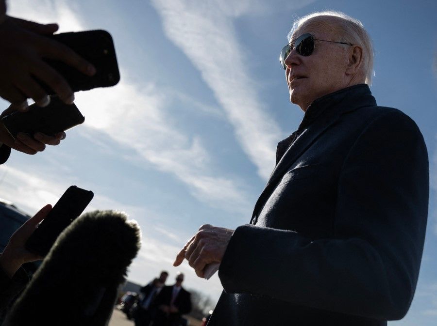 US President Joe Biden speaks to reporters after arriving at Hagerstown Regional Airport in Hagerstown, Maryland, on 4 February 2023. Biden on Saturday congratulated fighter pilots for taking down a Chinese spy balloon off the east coast after it spent several days flying over the US. (Andrew Caballero-Reynolds/AFP)