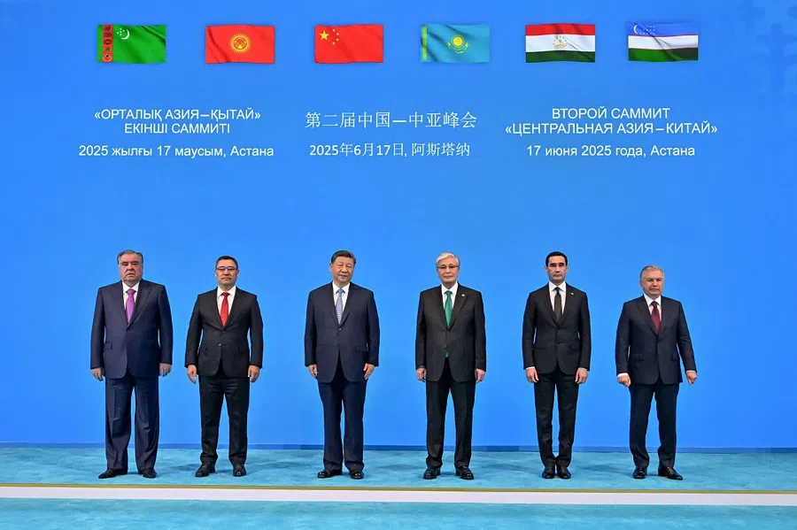 Tajikistan’s President Emomali Rahmon, Kyrgyzstan’s President Sadyr Japarov, China’s President Xi Jinping, Kazakhstan’s President Kassym-Jomart Tokayev, Turkmenistan’s President Serdar Berdimuhamedow and Uzbekistan’s President Shavkat Mirziyoyev pose for a photo during the China–Central Asia Summit in Astana, on 17 June 2025. (Kazakhstan’s Presidential Press Service/AFP)