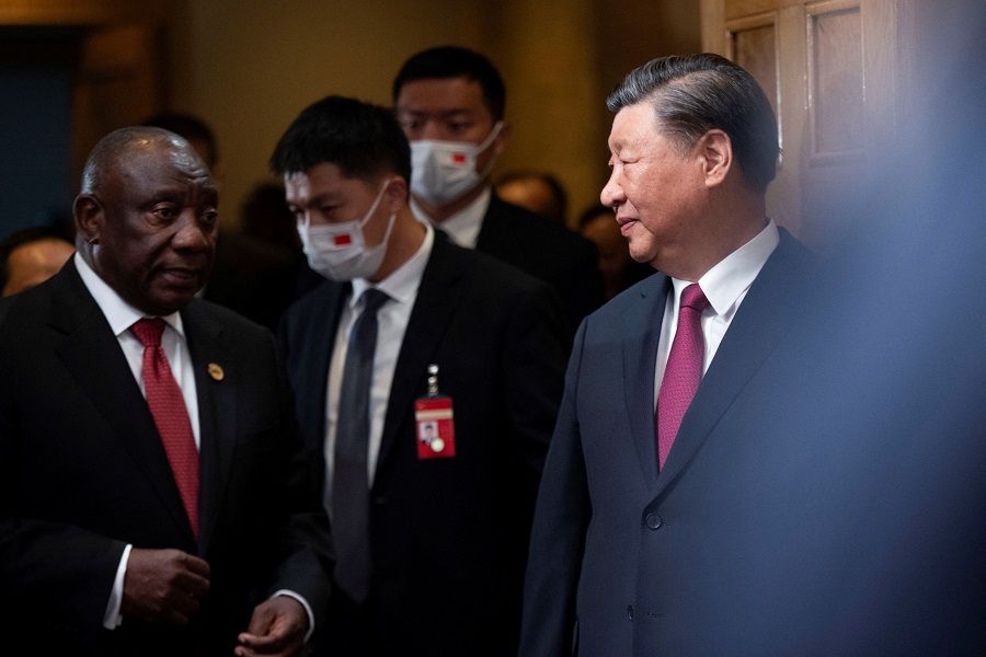 Chinese President Xi Jinping and South African President Cyril Ramaphosa attend the China-Africa Leaders' Roundtable Dialogue on the last day of the BRICS Summit, in Johannesburg, South Africa, on 24 August 2023. (Alet Pretorius/Pool/Reuters)