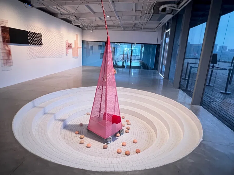 Little Things《小人国》, 2025 (top to bottom) consisting of a circle pit, square pit and rectangle pit is Lin Tianmiao’s experimentations with new media and technology.