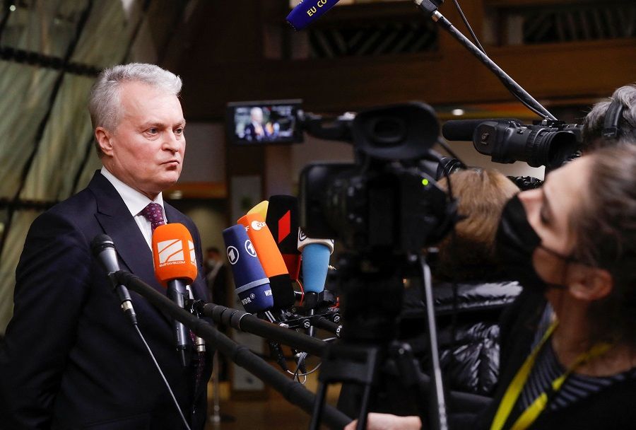 Lithuania's President Gitanas Nauseda speaks to the press at the end of an Eastern Partnership Summit in Brussels, on 15 December 2021. (Olivier Hoslet/AFP)