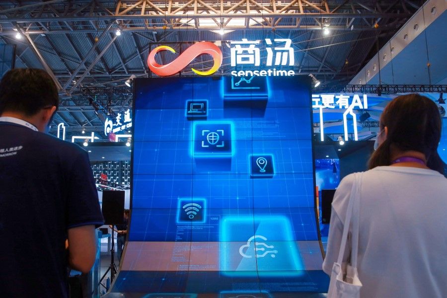 This photo taken on 7 July 2021 shows a booth of China's Chinese artificial intelligence company SenseTime at 2021 World Artificial Intelligence Conference in Shanghai. (CNS/AFP)