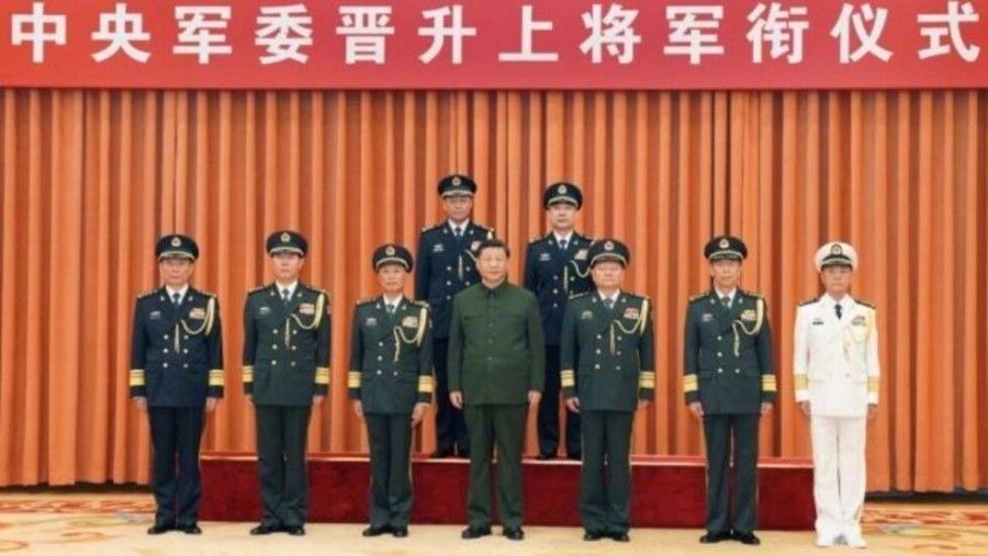 Wang Houbin and Xu Xisheng (back row, left and right) were appointed to the Rocket Force at a ceremony on 31 July 2023. (Internet)