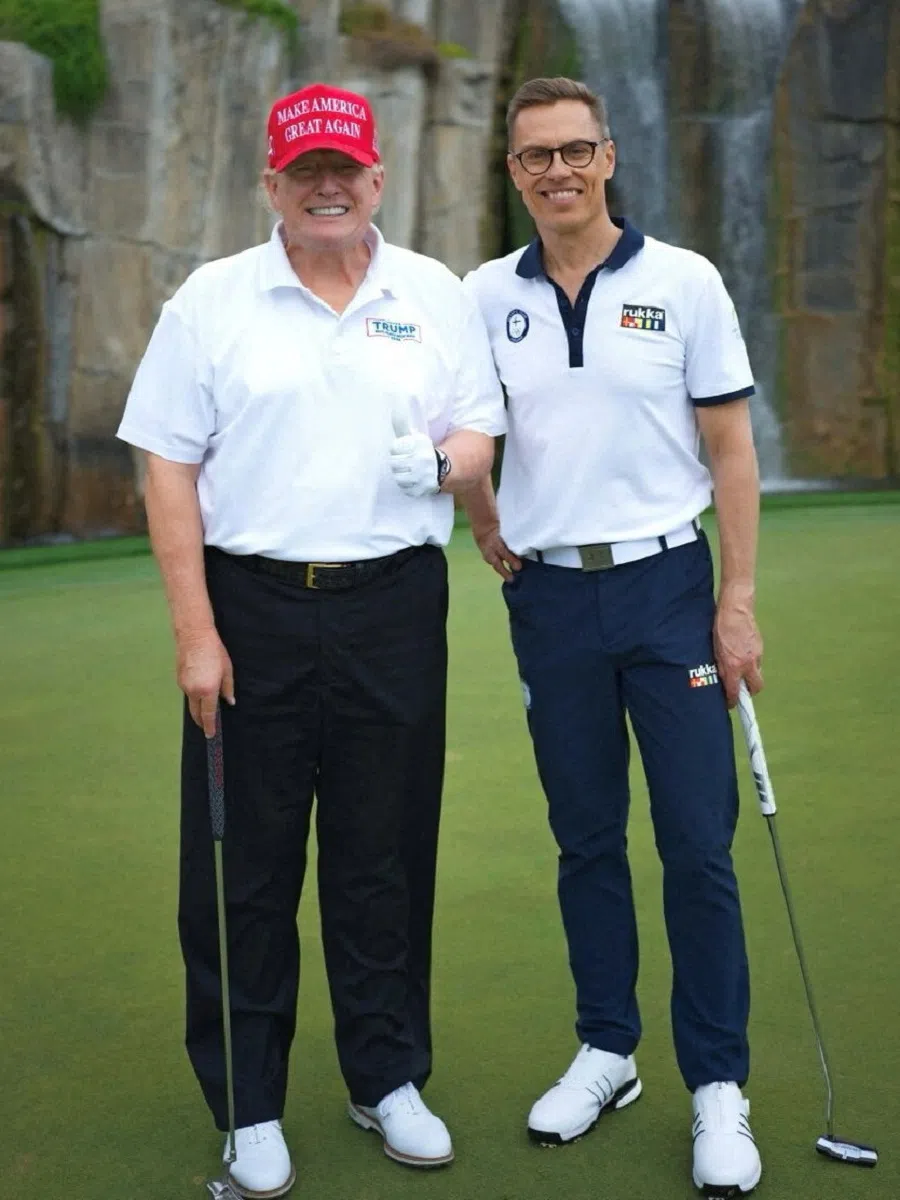 US President Donald Trump gestures as Finland’s President Alexander Stubb stands next to him at at Mar-a-Lago, in Palm Beach, Florida, US, on 29 March 2025. (Finnish Presidential Office via Instagram/Handout via Reuters)