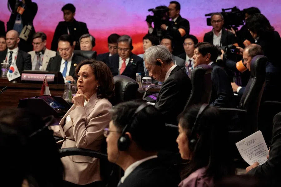 US Vice President Kamala Harris (left), Singapore's Prime Minister Lee Hsien Loong (second from left), Philippines' President Ferdinand Marcos Jr. (third from left) and Russia's Foreign Minister Sergey Lavrov (right) attend the 18th East Asia Summit during the 43rd ASEAN Summit in Jakarta, Indonesia, on 7 September 2023. (Yasuyoshi Chiba/AFP)