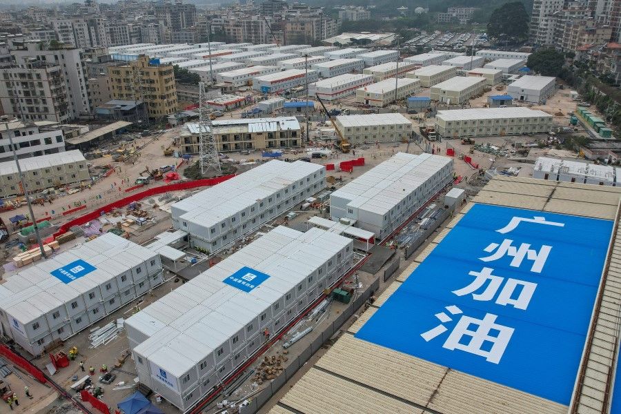 An aerial view shows the construction site of a makeshift quarantine facility following a coronavirus disease (Covid-19) outbreak in Guangzhou, Guangdong province, China, 18 November 2022. (CNS photo via Reuters)