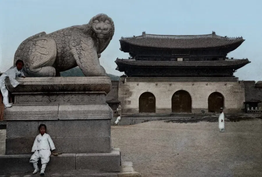 Gwanghwamun, the main gate of Gyeongbokgung Palace, known as the national gate of Joseon, circa 1900.