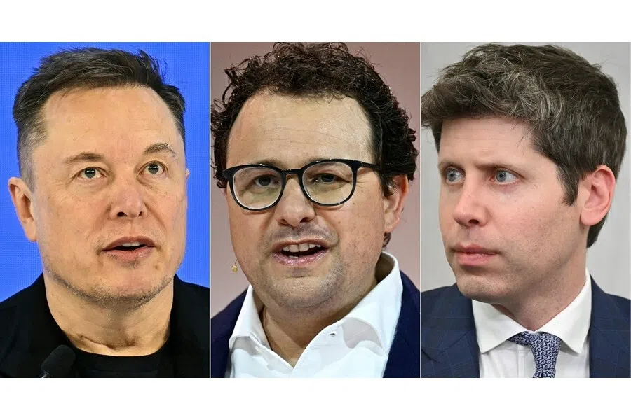 This combination of pictures created on 12 September 2026 shows (left to right) Elon Musk in Davos on 22 January 2026, Dario Amodei, co-founder and CEO of Anthropic, in Paris, on 22 May 2024, and OpenAI CEO Sam Altman in Washington, DC, on 22 July 2025. Top AI executives say they want to slow the breakneck pace of artificial intelligence development, but competition, US government reluctance and geopolitical factors stand in the way.