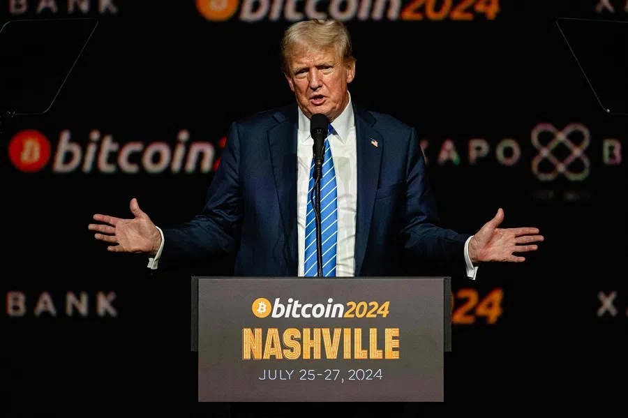 Former President and 2024 Republican presidential candidate Donald Trump gestures while giving a keynote speech on the third day of the Bitcoin 2024 conference at Music City Center on 27 July 2024 in Nashville, Tennessee. (John Cherry/Getty Images North America/AFP)