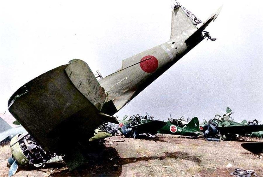 Japanese "Zero" aircraft destroyed by the Soviet Red Army at the Changchun airport in Manchuria, September 1945, symbolising the breakdown of Japanese control in Manchuria.