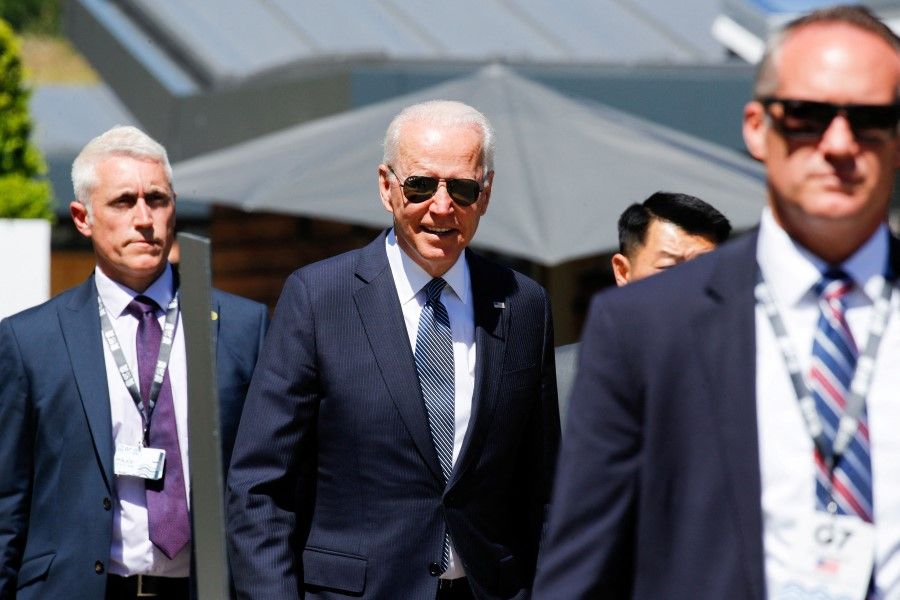 US President Joe Biden arrives for a plenary session during the G7 summit in Carbis Bay, Cornwall on 13 June 2021. (Phil Noble/AFP)