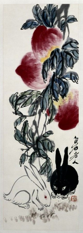 Qi Baishi, Peaches and Rabbits (《桃兔图》), The Palace Museum. (Internet)