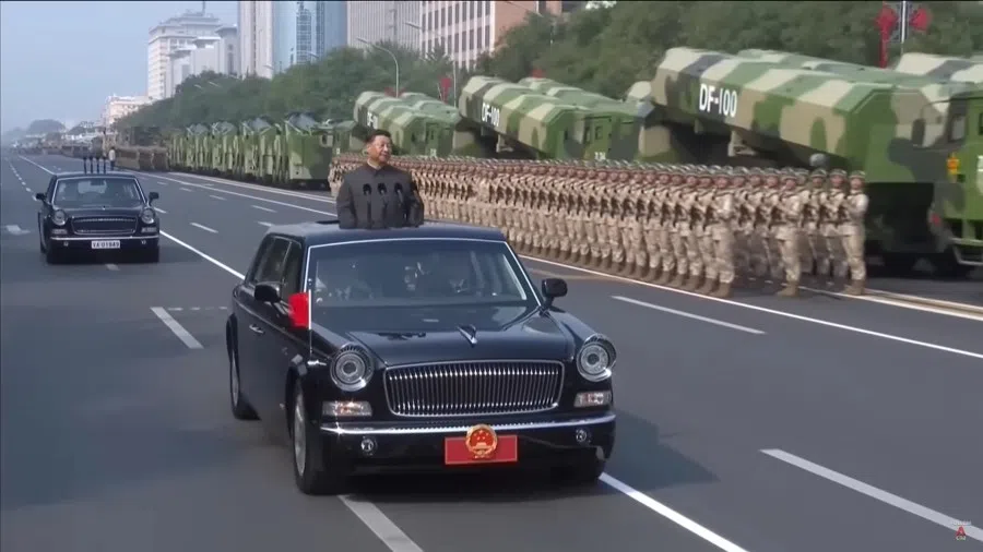 A screen grab from a video showing Xi Jinping reviewing military hardware during the parade in 2019 to mark the 70th anniversary of the founding of the People’s Republic of China.