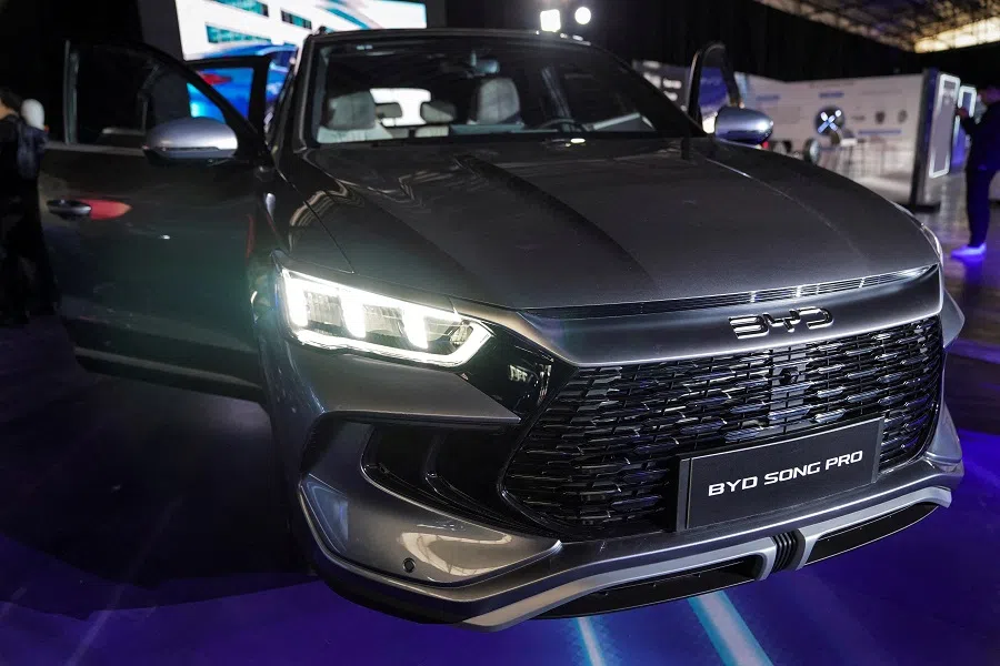 The Song Pro, a hybrid-electric SUV by Chinese automaker BYD, is displayed during an event in Mexico City, Mexico, on 21 August 2024. (Toya Sarno Jordan/Reuters)