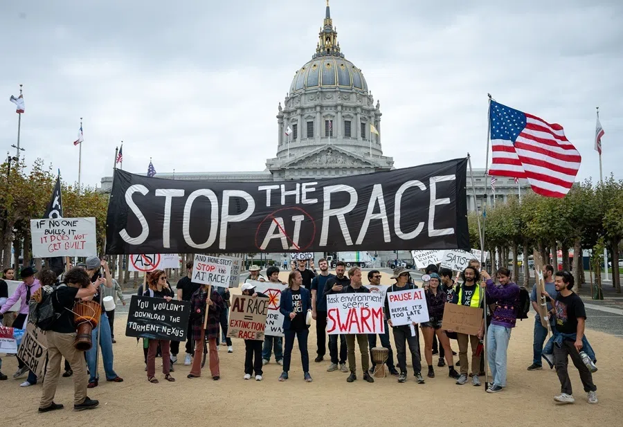 Protesters during a "Stop the AI Race" demonstration calling for a slowdown in the development of advanced artificial intelligence systems outside City Hall in San Francisco, California, on 17 September 2026.