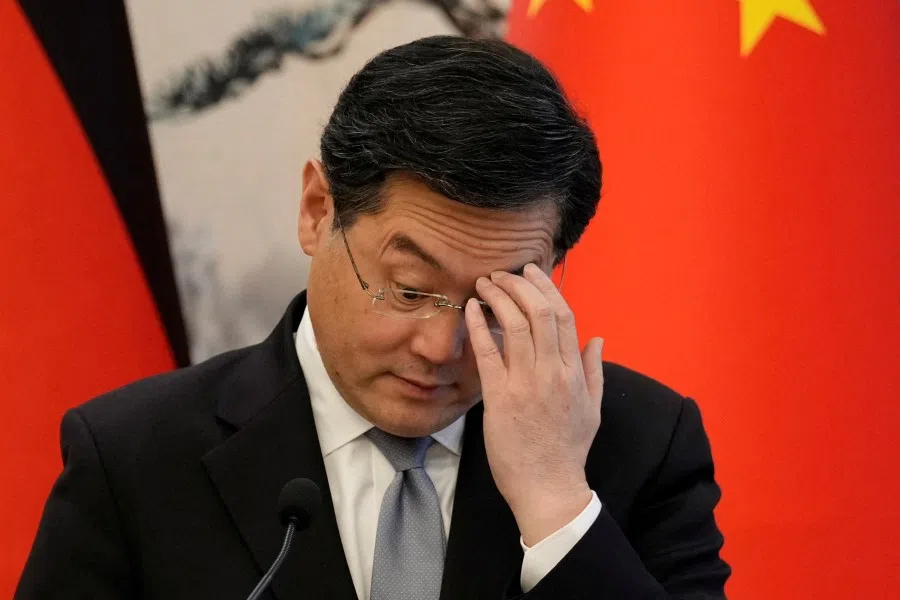 Chinese Foreign Minister Qin Gang attends a joint press conference with German Foreign Minister Annalena Baerbock (not pictured) at the Diaoyutai State Guesthouse in Beijing, China, 14 April 2023. (Suo Takekuma/Pool via Reuters)
