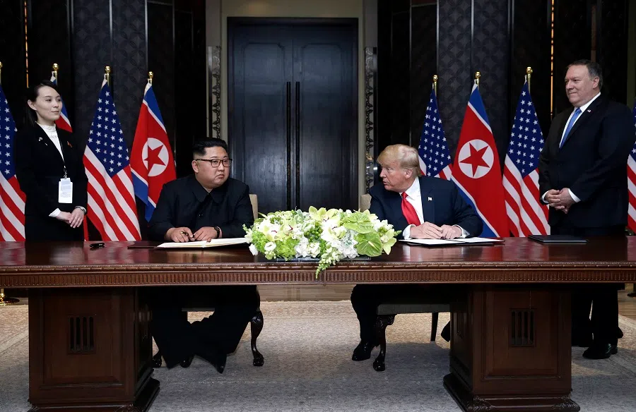 US President Donald Trump and North Korean leader Kim Jong-un holding a summit at Capella Singapore on 12 June 2018. (SPH Media)