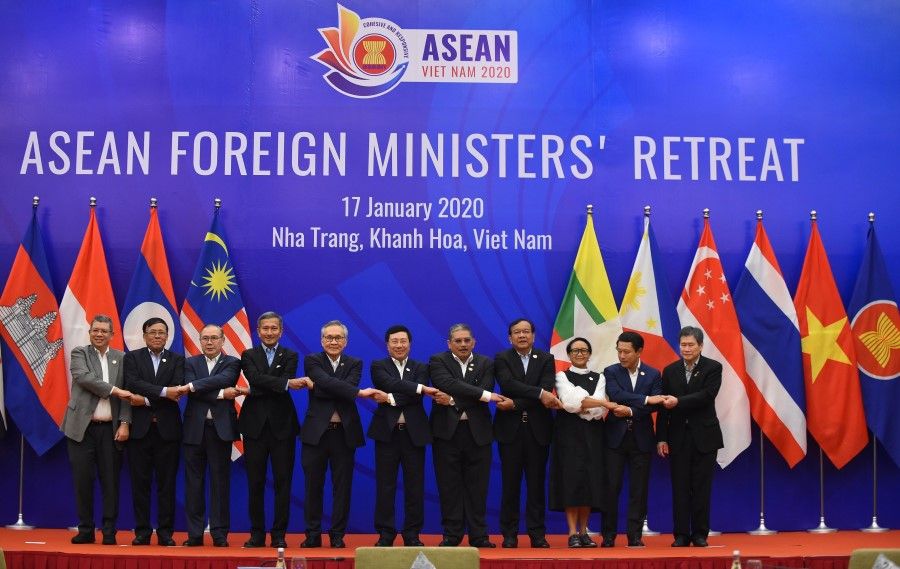 Foreign ministers of the Association of Southeast Asian Nations (ASEAN) pose for a group photo during the ASEAN Foreign Ministers' Retreat in Nha Trang on January 17, 2020. ASEAN has to find a way to navigate the US-China trade war. (Nhac Nguyen/AFP)