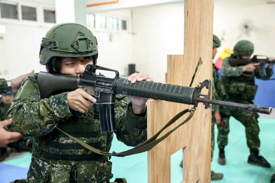 Taiwanese reservists participate in pre-combat training on the first day of the annual Han Kuang military exercise in Miaoli on 9 July 2025. (I-Hwa Cheng/AFP)