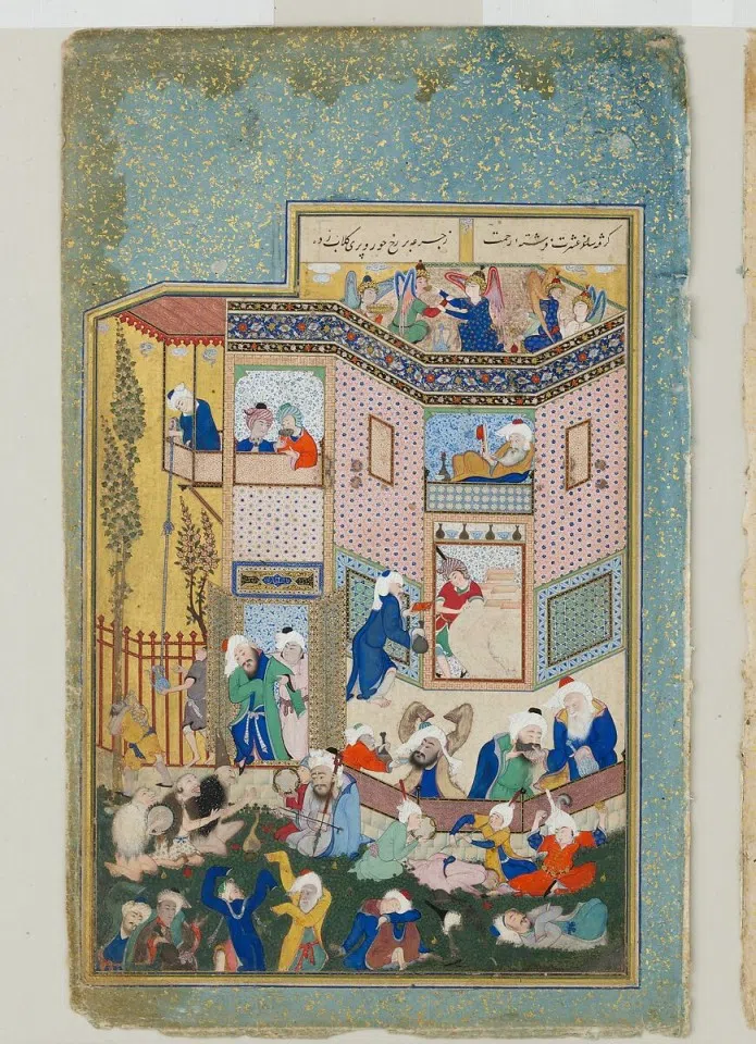 “Allegory of Worldly and Otherworldly Drunkenness”, Folio from the Divan of Hafiz. (Painting by Sultan Muhammad/Metropolitan Museum of Art)