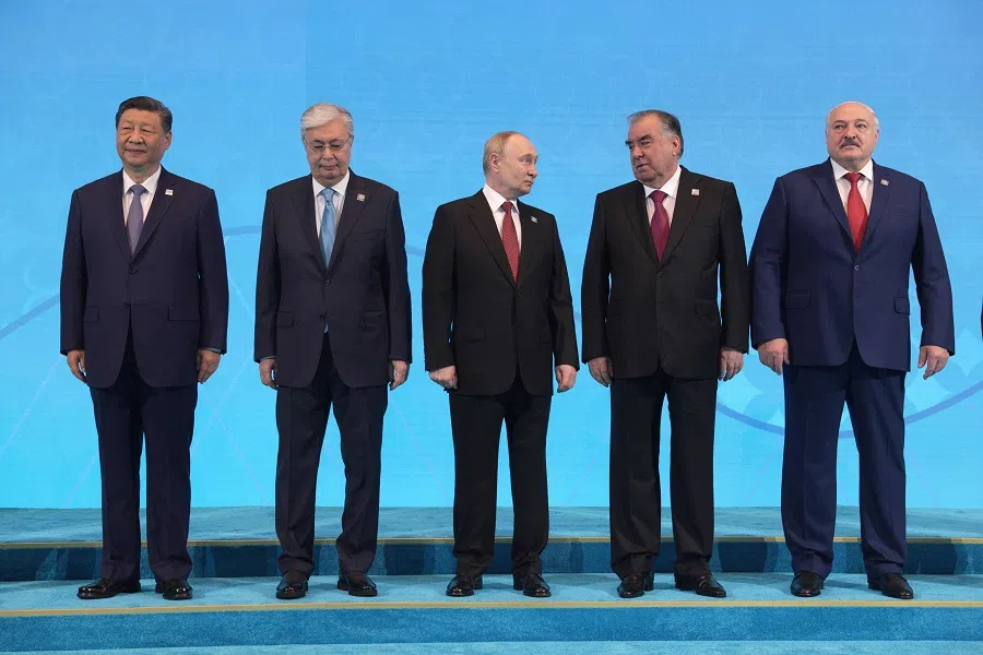 (left to right) In this pool photograph distributed by the Russian state agency Sputnik, Chinese President Xi Jinping, Kazakh President Kassym-Jomart Tokayev, Russian President Vladimir Putin, Tajik President Emomali Rahmon and Belarusian President Alexander Lukashenko pose for a family photo during the Shanghai Cooperation Organisation (SCO) member states leaders’ summit in Astana on 4 July 2024.