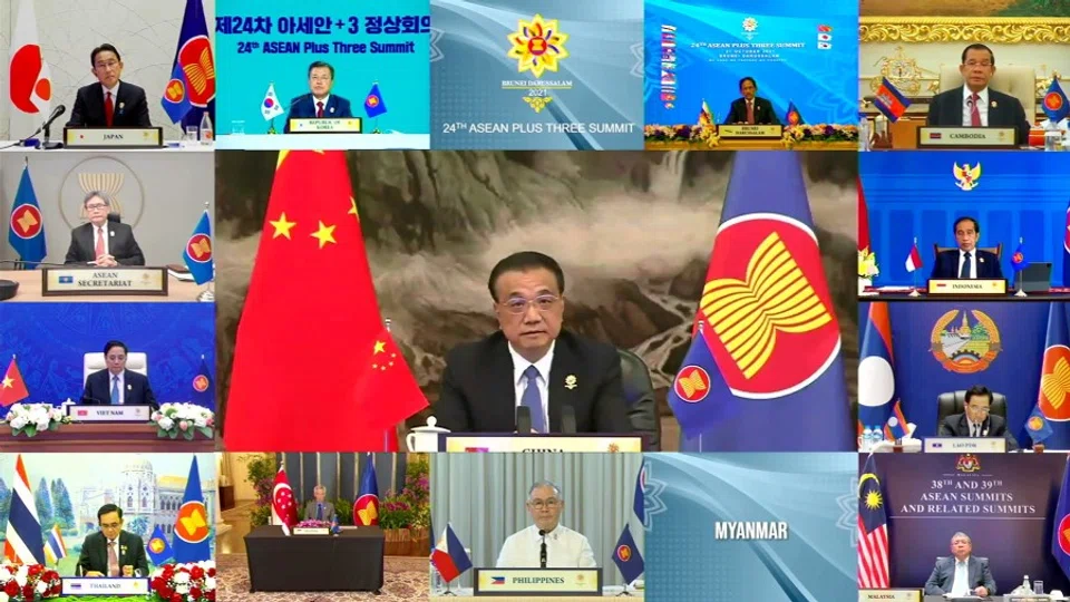 Chinese Premier Li Keqiang speaks during the virtual ASEAN Plus Three Summit, hosted by ASEAN Summit Brunei, in Bandar Seri Begawan, Brunei, 27 October 2021. (ASEAN Summit 2021 host photo/Handout via Reuters)